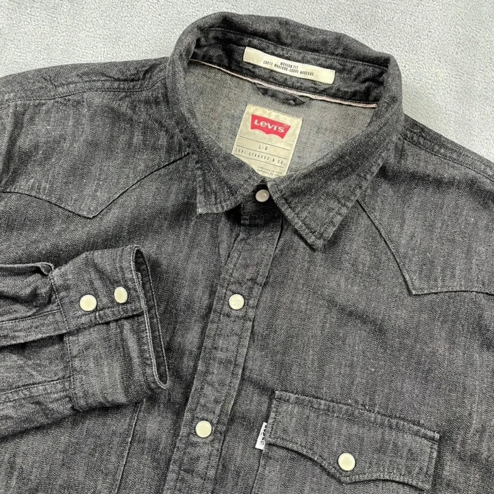 Levi's Mens Black Denim Western Pearl Snap Front Shirt Modern Fit Large Western - Picture 1 of 16